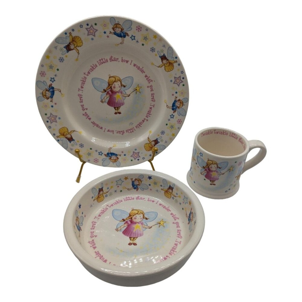 1890 Anderton Pottery England Twinkle Star Fairy Full 3 Piece Set Cup Bowl Plate